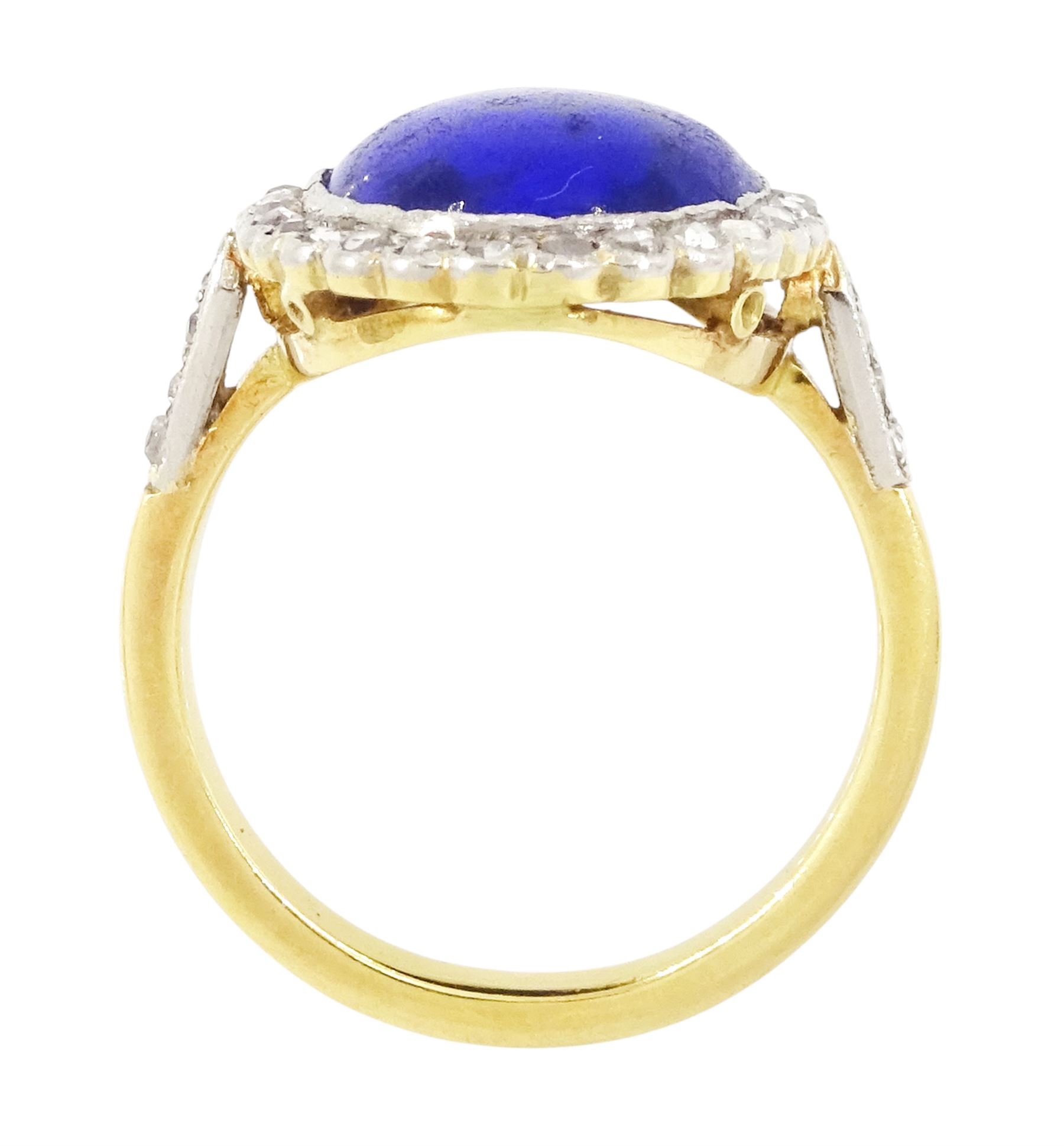 Early - mid 20th century 18ct gold and platinum lapis lazuli and diamond cluster ring, oval cut lapis lazuli surrounded by milgrain set rose cut diamonds, with diamond set shoulders