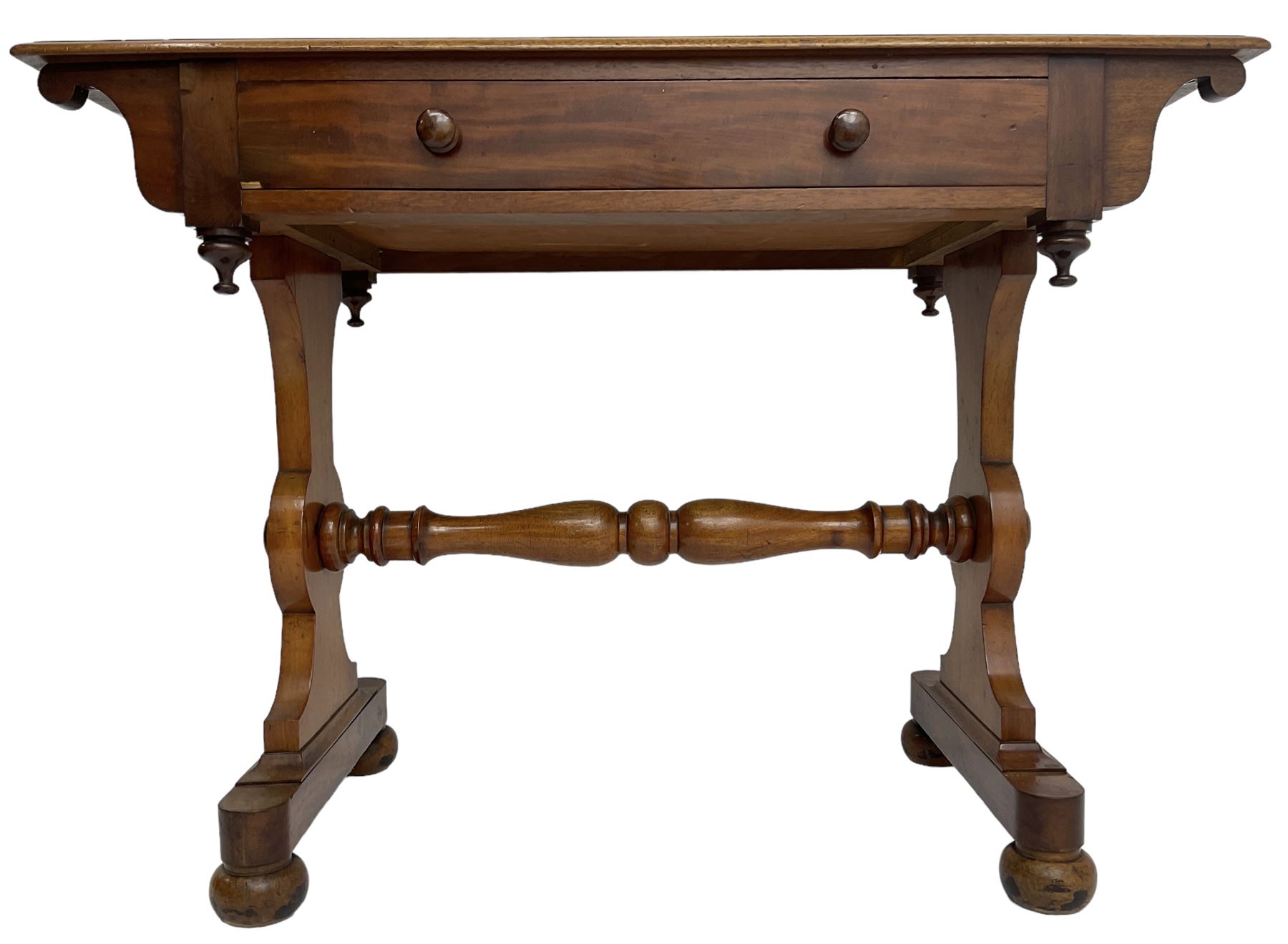 Victorian design mahogany side table, fitted with single drawer, raised on shaped end supports with bun feet, united by turned stretcher