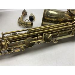 Lacquered brass 'King' alto saxophone inscribed Made by the H.N. White Co.' (Cleveland Ohio) with crook, serial no.84128; also stamped No.1 549 911 and Pat D 8-18-25; in fitted carrying case 