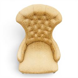 Victorian Aesthetic Movement walnut framed nursing chair, the fan back and sprung seat upholstered in buttoned foliate patterned gold damask fabric with fringing, raised on beaded tapering fluted supports with ceramic castors