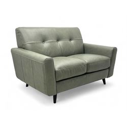 DFS - contemporary 'Camper' two seat sofa, upholstered in French grey leather with button back detailing, on splayed supports (W144cm, D84cm, H76cm); matching armchair (W90cm, D84cm, H76cm)