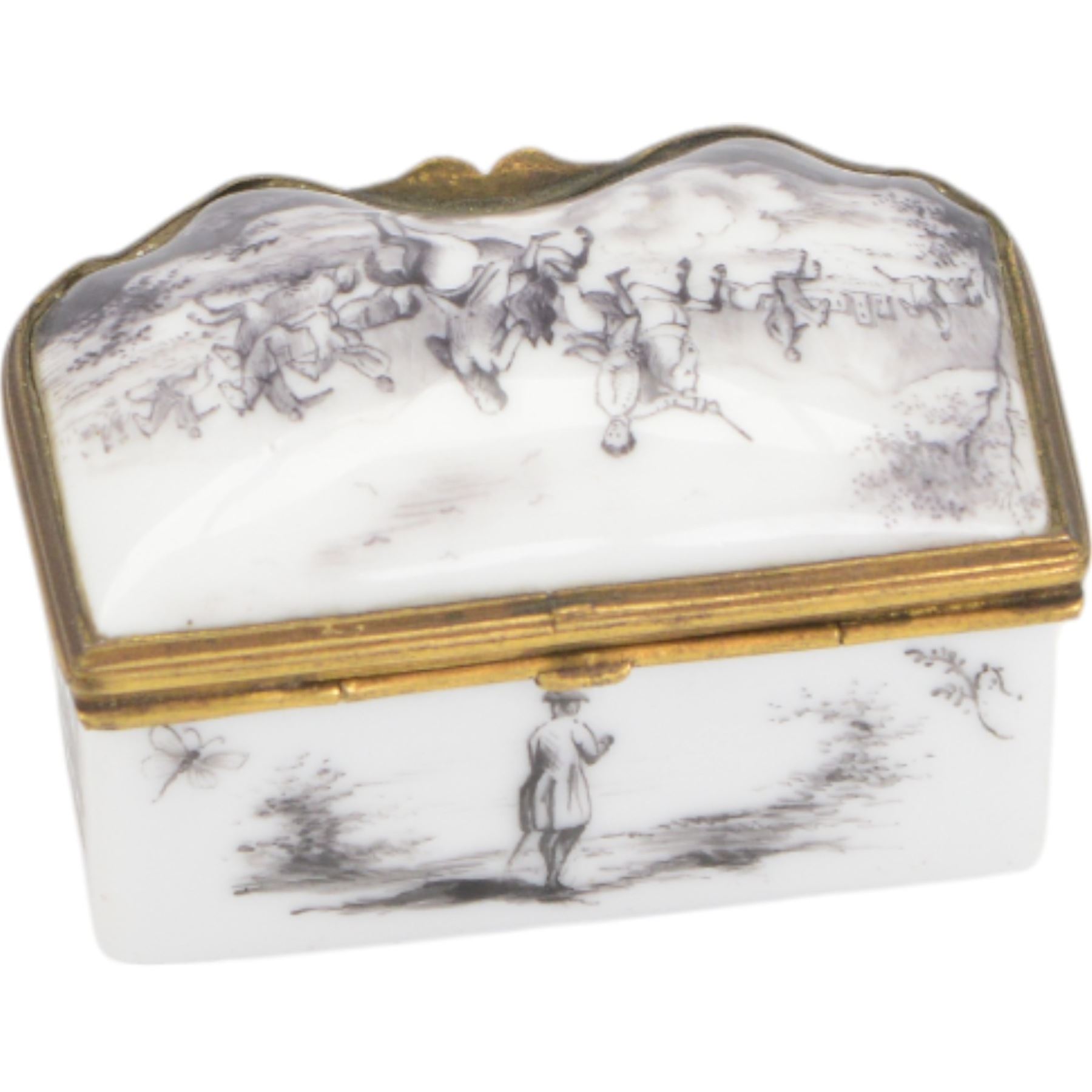 19th century Samson porcelain trinket box, with black hand painted decoration upon a white ground, depicting a battle scene to hinged cover with soldiers on horseback, grave stones and a lone soldier to sides and underside, with spurious blue crossed swords mark beneath, H4.5cm, W8cm