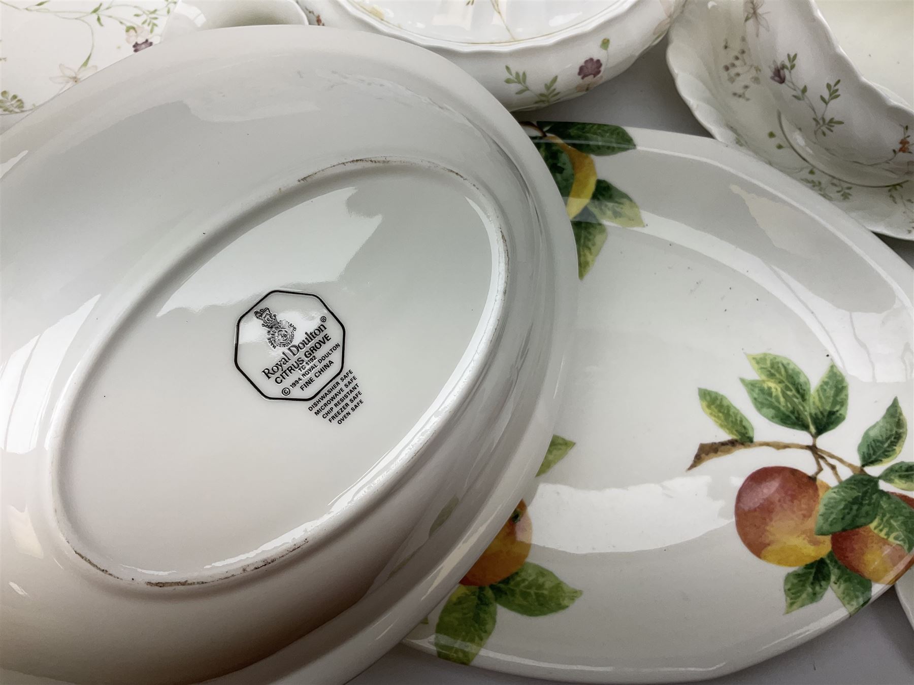 Wedgwood Campion pattern tea and dinner wares for eight, comprising twin handled lidded tureen, eight teacups and saucers, eight side plates, coffee pot. sauce boat and stand, open sucrier and milk jug, butter dish, oval serving plate, bowl, etc, together with Royal Doulton Citrus Grove ceramics