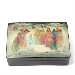Modern  Russian lacquer box decorated with a Winter landscape, another in the form of a Troika, another lacquer box and a lacquer egg.