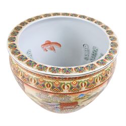 20th century Chinese fish bowl, decorated to exterior with figures surrounded by floral panels the  interior decorated with fish, together with a similar smaller example, largest H32cm