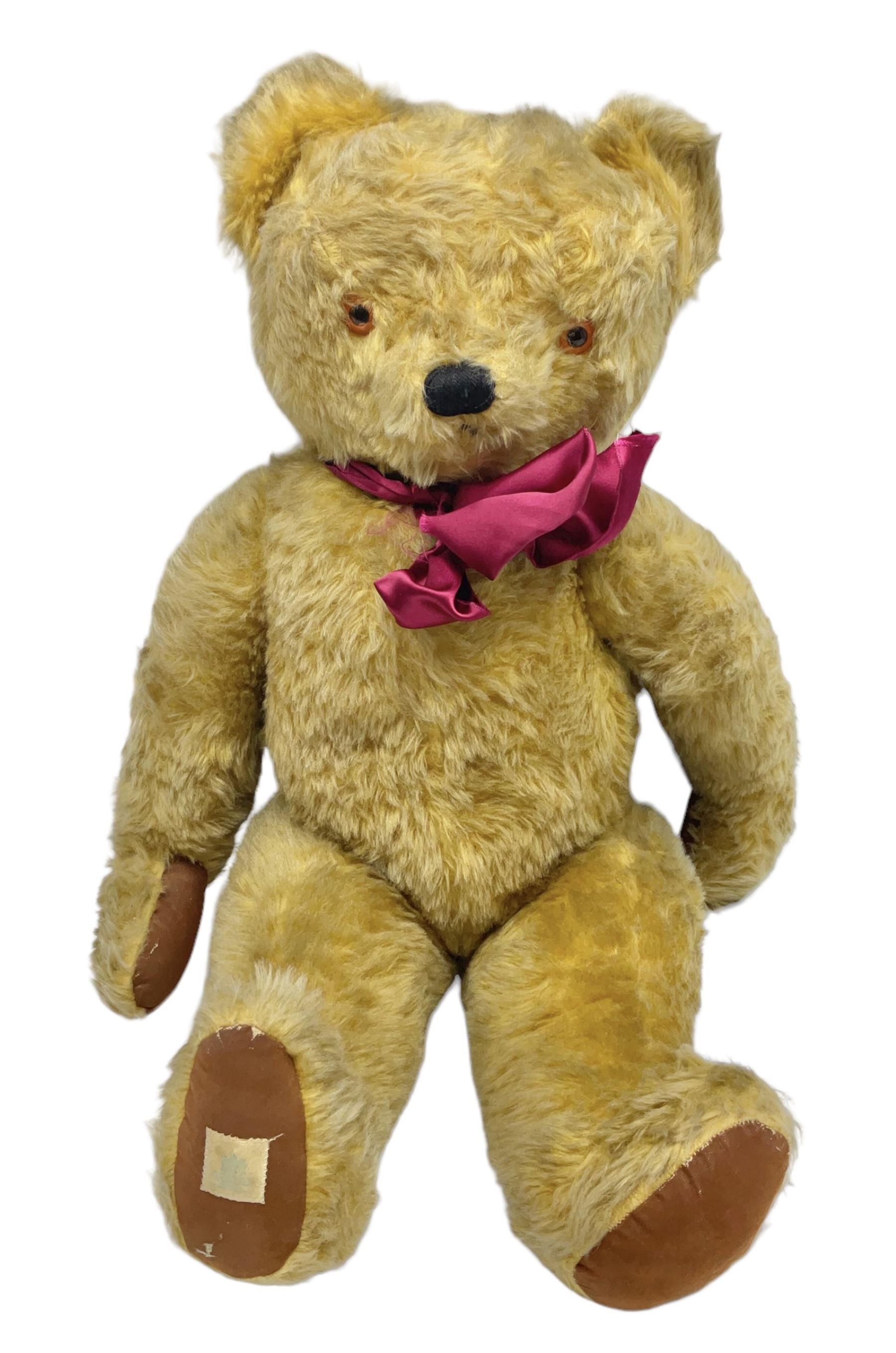 Large post-war Chad Valley plush covered teddy bear with revolving head, applied eyes, vertically stitched nose and mouth, jointed limbs and growler mechanism; stitched label to right foot and Hygenic Toys label to right side H73cm