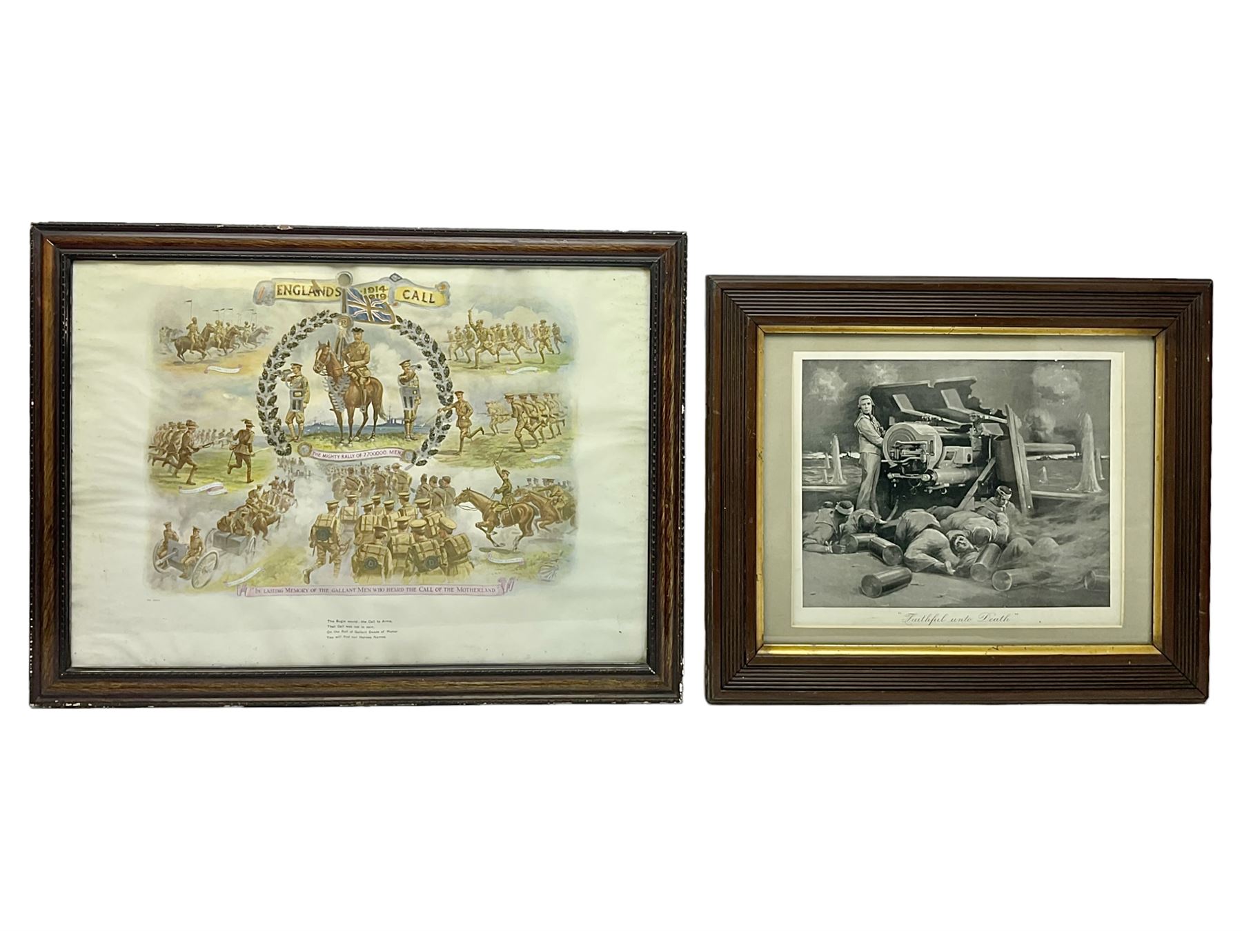 WW1 photogravure print depicting the VC action of Boy (1st Class) John Travers Cornwell mortally wounded in the Battle of Jutland May 31st 1916 34 x 41cm, walnut frame; and WW1 colour print entitled 'England's 1914-1919 Call' in simulated rosewood frame (2)
