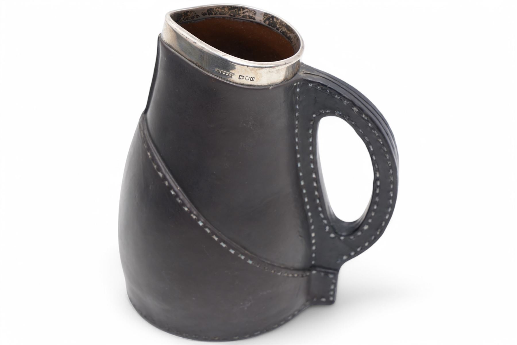 Late Victorian Doulton Lambeth silver mounted jug modelled as a leather jack H20cm London 1898 Maker Cornelius Desormeaux Saunders and James Francis Hollings Shepherd