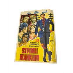 Mid 20th century Turkish film poster, 'Sevimli Mahkum' (After the Fox), H100cm L70cm, together with three other later posters, including one detailed 'Hair The America Tribal Love-Rock Musical', and a Beatles St Peppers Lonely Hearts Club Band vinyl record sleeve. 