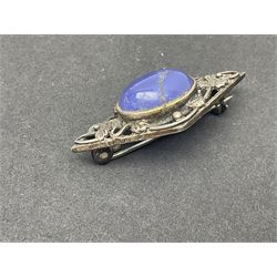 9ct gold jewellery including leaf brooch, wishbone Mizpah brooch, carnelian brooch, gold cased ladies Omega wristwatch, on leather strap and gold cased ladies Tissot wristwatch on expanding gilt strap, together with silver brooches and a Czech paste buckle, etc