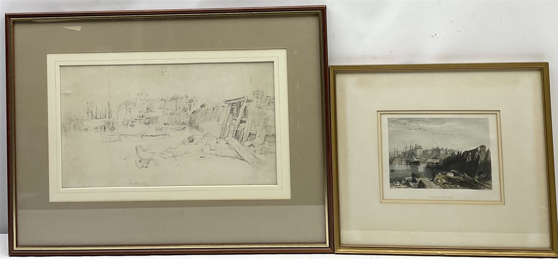 George Balmer (British 1806-1846): 'Burlington' Quay Bridlington, pencil sketch for engraving titled in the artist's hand 22cm x 39cm, together with the hand-coloured engraving by James Stephenson (British 1808-1886) pub. William Finden's 'The Ports, Harbours, Watering-Places and Coast Scenery of Great Britain' c.1842, 15cm x 18cm (2)