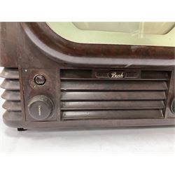 1950s Bush Type TV22 Bakelite Television receiver, the TV cased in marbled brown Bakelite of stepped form, the 9 inch screen with white mask, with original leather cover casing to reverse, H39cm D34cm W38cm