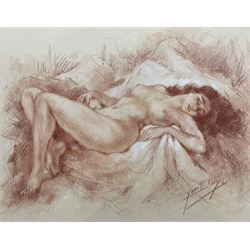 Yves Diey (French 1892-1984): Female Reclining Nude, sanguine crayon/chalk drawing signed 21cm x 27cm