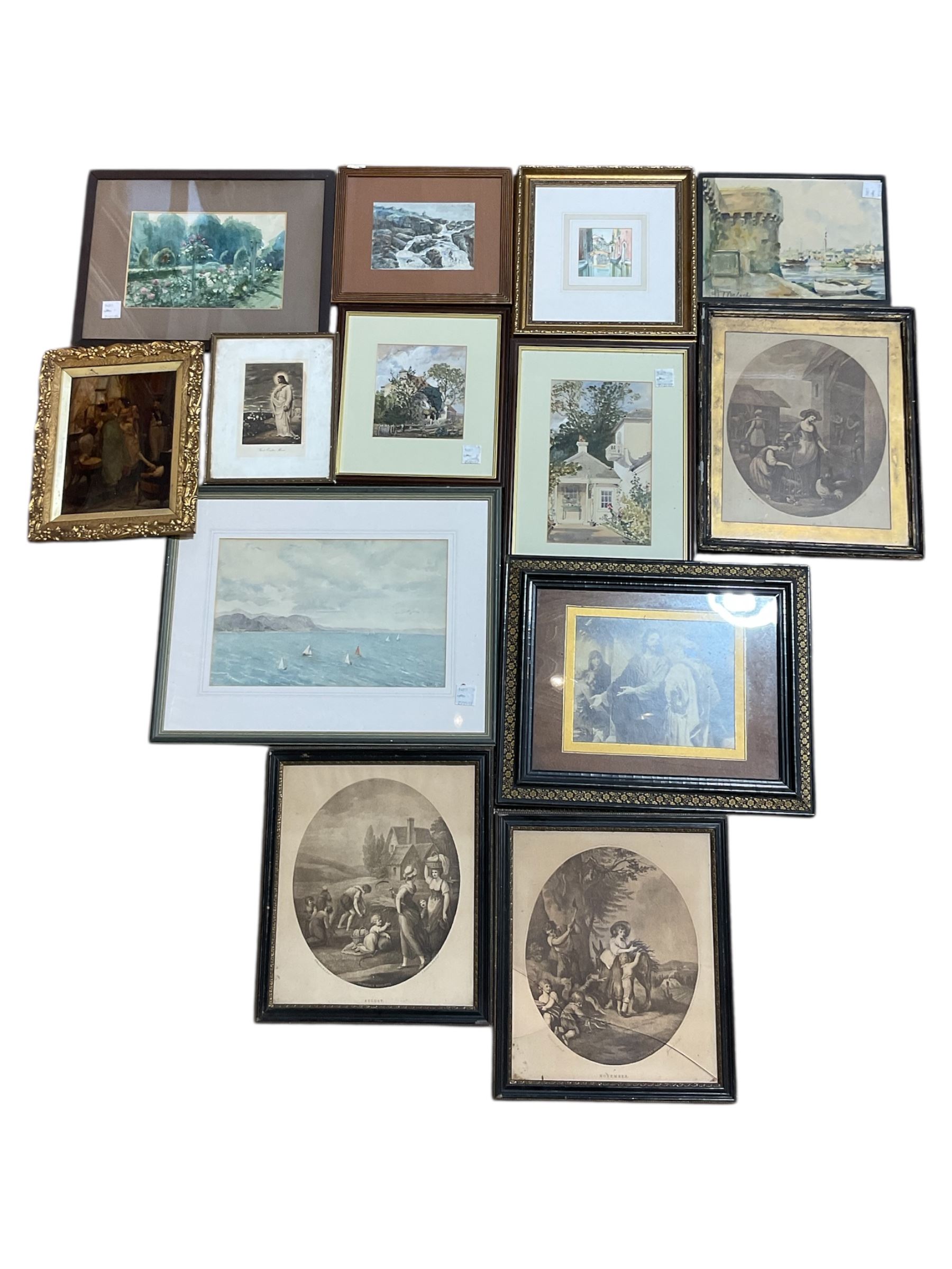 Seven watercolours, crystoleum, three mezzotints, etc