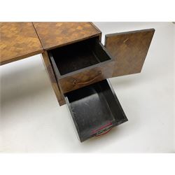 Japanese miniature kneehole desk decorated with parquetry inlay, the loose leaf top resting on one pedestal cabinet with four drawers, and another with hinged cupboard door opening to reveal two interior drawers above a lower drawer, H26cm, W68.5cm D24cm