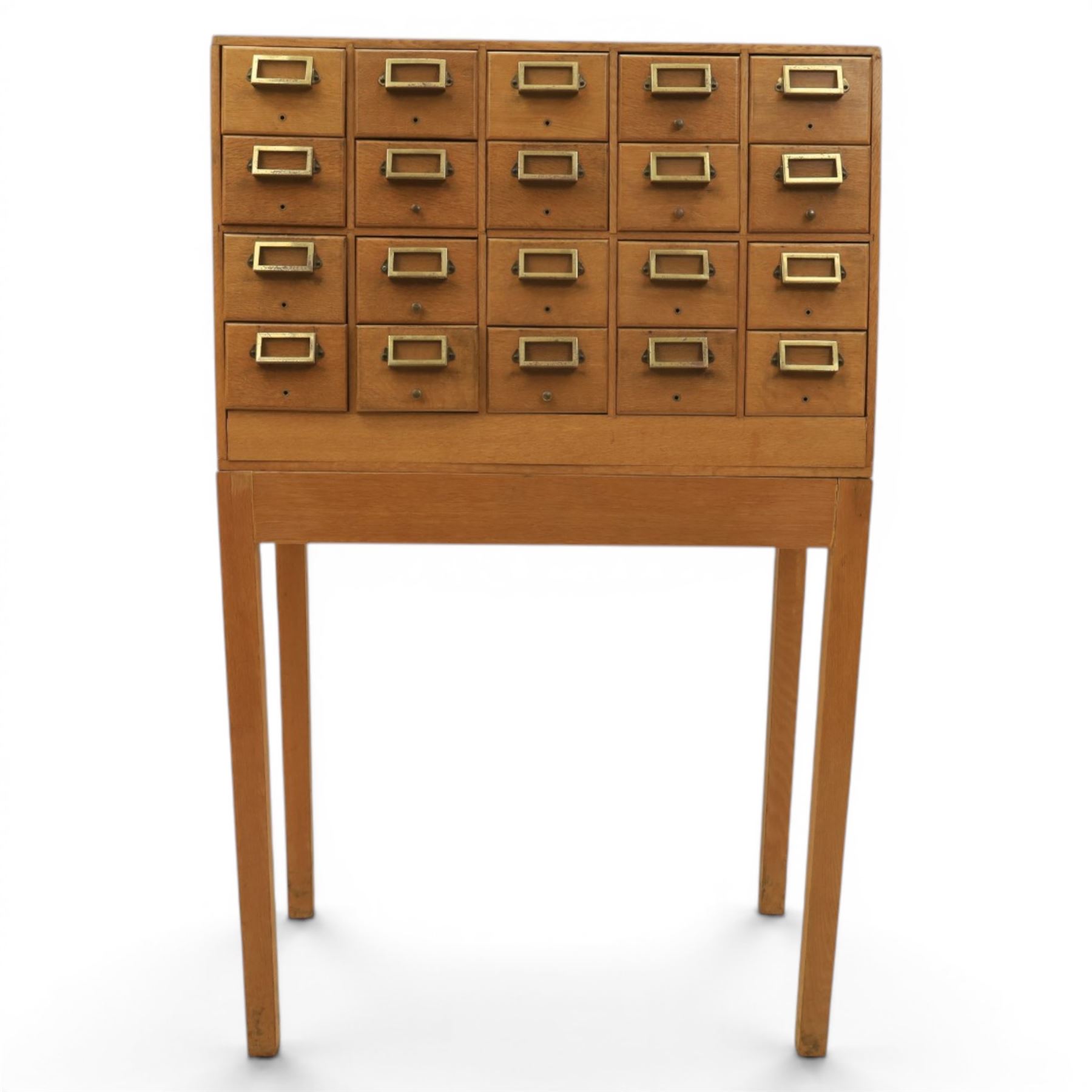 Mid-20th century card index bank of twenty drawers on stand