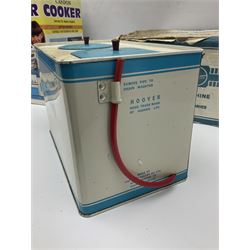 Six toy kitchen appliances - Casdon battery operated cooker; Mettoy Hoover washer; Chad Valley Hoovermatic washer; Wells Brimtoy tin-plate clockwork washer; and two Morphy Richards irons; together with a continental child's Regina sewing machine; all boxed (7)