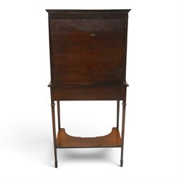 Edwardian inlaid mahogany serpentine-front side cabinet, raised back with central glazed door flanked by bow-front glass panels, the base fitted with banded and shaped frieze drawer, on square tapering supports united by concave under-tier