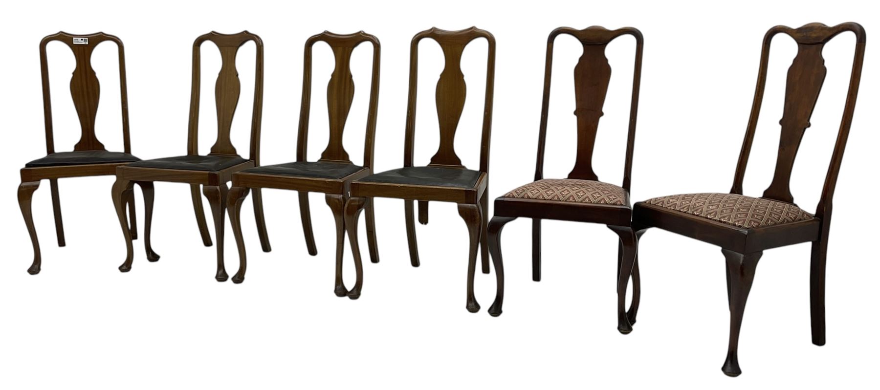 Matched set of fourteen early 20th century mahogany dining chairs, shaped cresting rail over shaped splat, upholstered drop-in seat, on cabriole front supports 