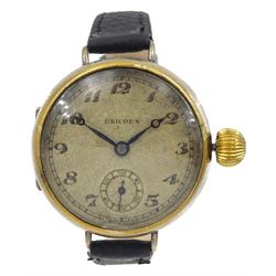 'Rolex' Unicorn silver and gold-plated manual wind wristwatch, on black leather strap