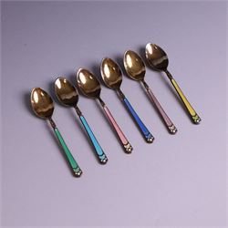 Set of six mid 20th century harlequin enamel coffee spoons, hallmarked Turner & Simpson Ltd, Birmingham 1960, in fitted case