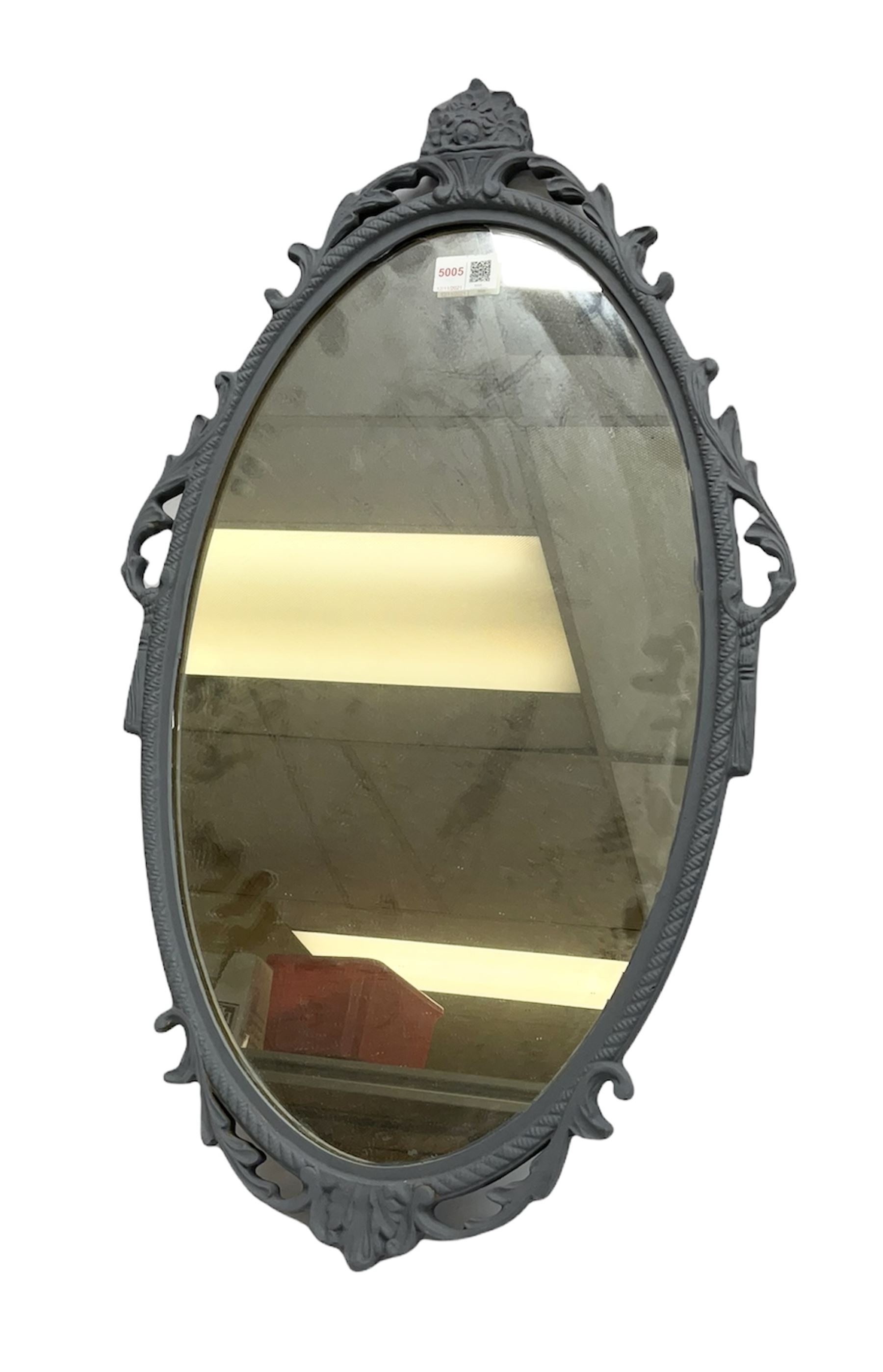 Oval ornate grey mirror, H68cm
