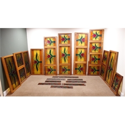  Eleven pieces of mahogany cased lead framed stained glass  (W209cm, H62cm, D4cm maximum measurement) and eight other pieces (19)  