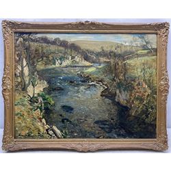 Reginald Grange Brundrit RA ROI (British 1883-1960): The River Wharfe at Loup Scar near Grassington, oil on canvas signed c.1924, 45cm x 60cm 
Provenance: en plein air preliminary study for a larger work dated 1924 hanging in the Cartwright Hall, Lister Park, Bradford