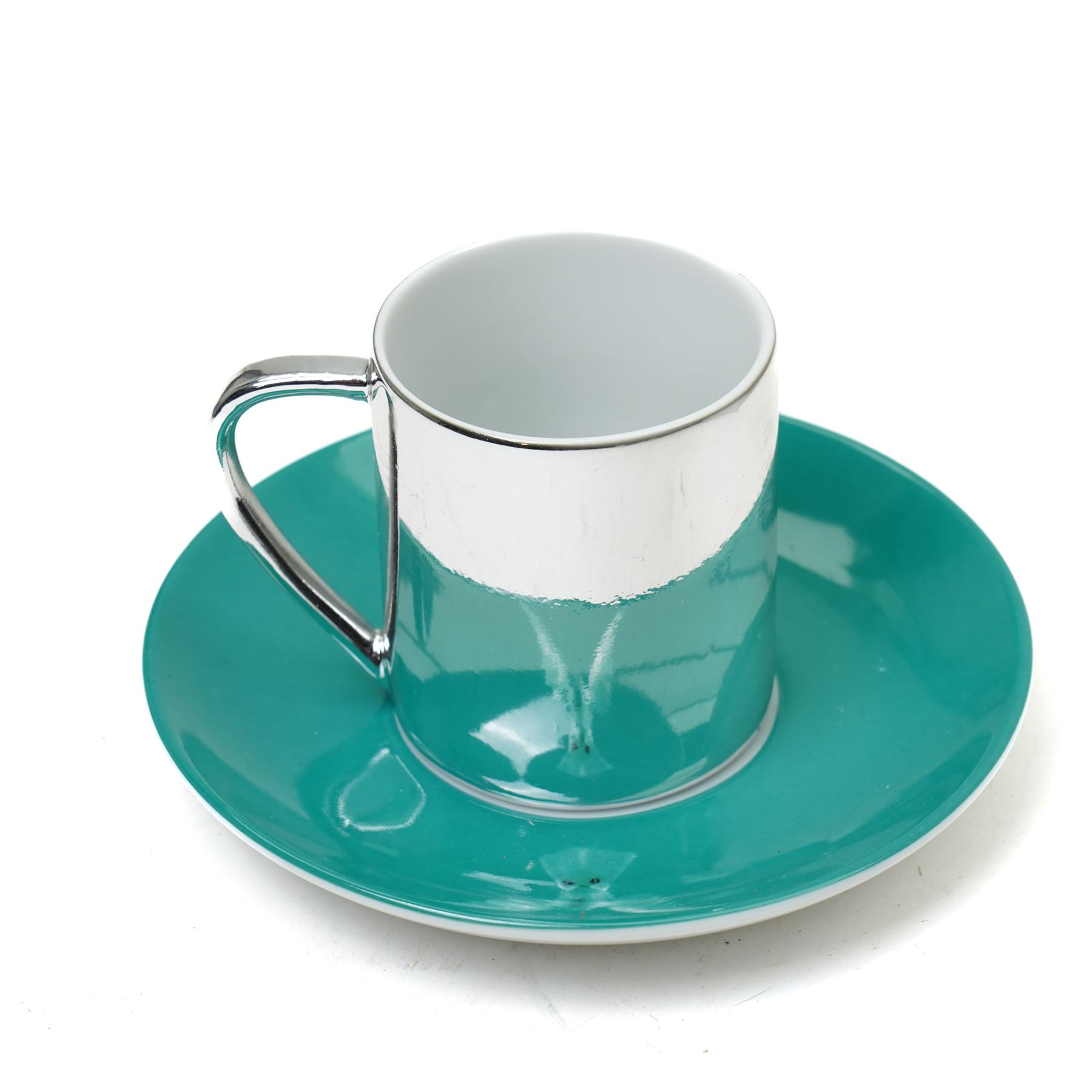 Damien Hirst (British 1965-); set of six anamorphic silver lustre espresso cups and saucers of various designs
