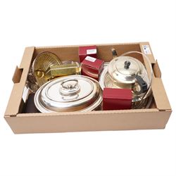 Box of plated ware including oval entree dish, fruit dish, plated trays and other items