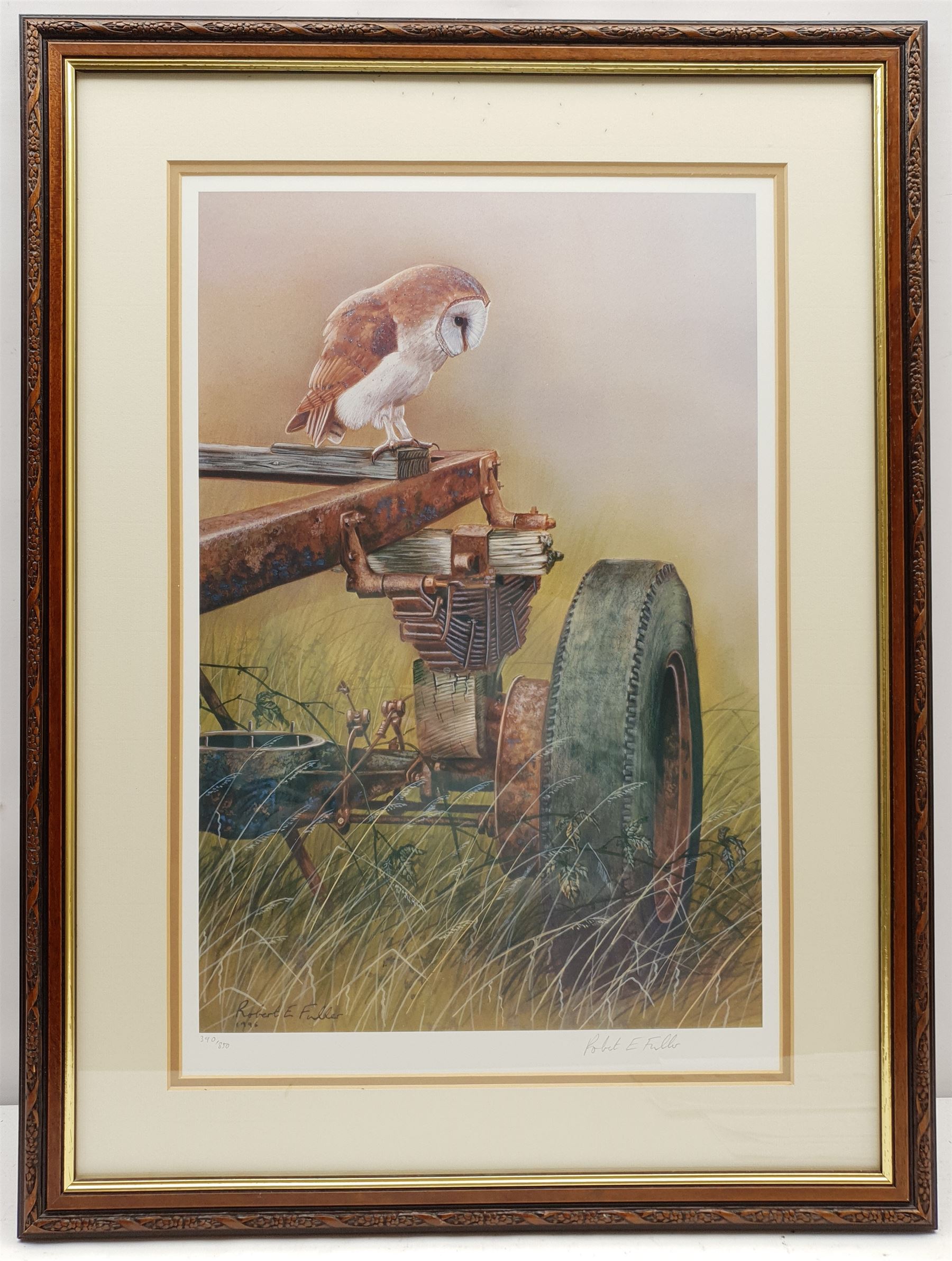 Robert E Fuller (British 1972-): 'Barn Owl on a Trailer', limited edition colour print signed and numbered 390/850  in pencil 48cm x 32cm