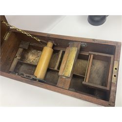 Wooden Gledhill till with paper labels to interior and a set of Salter scales with weights, till H17cm