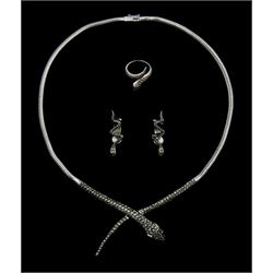 Silver and marcasite snake necklace, London import marks 1963, similar silver ring stamped and pair of silver clip-on earrings