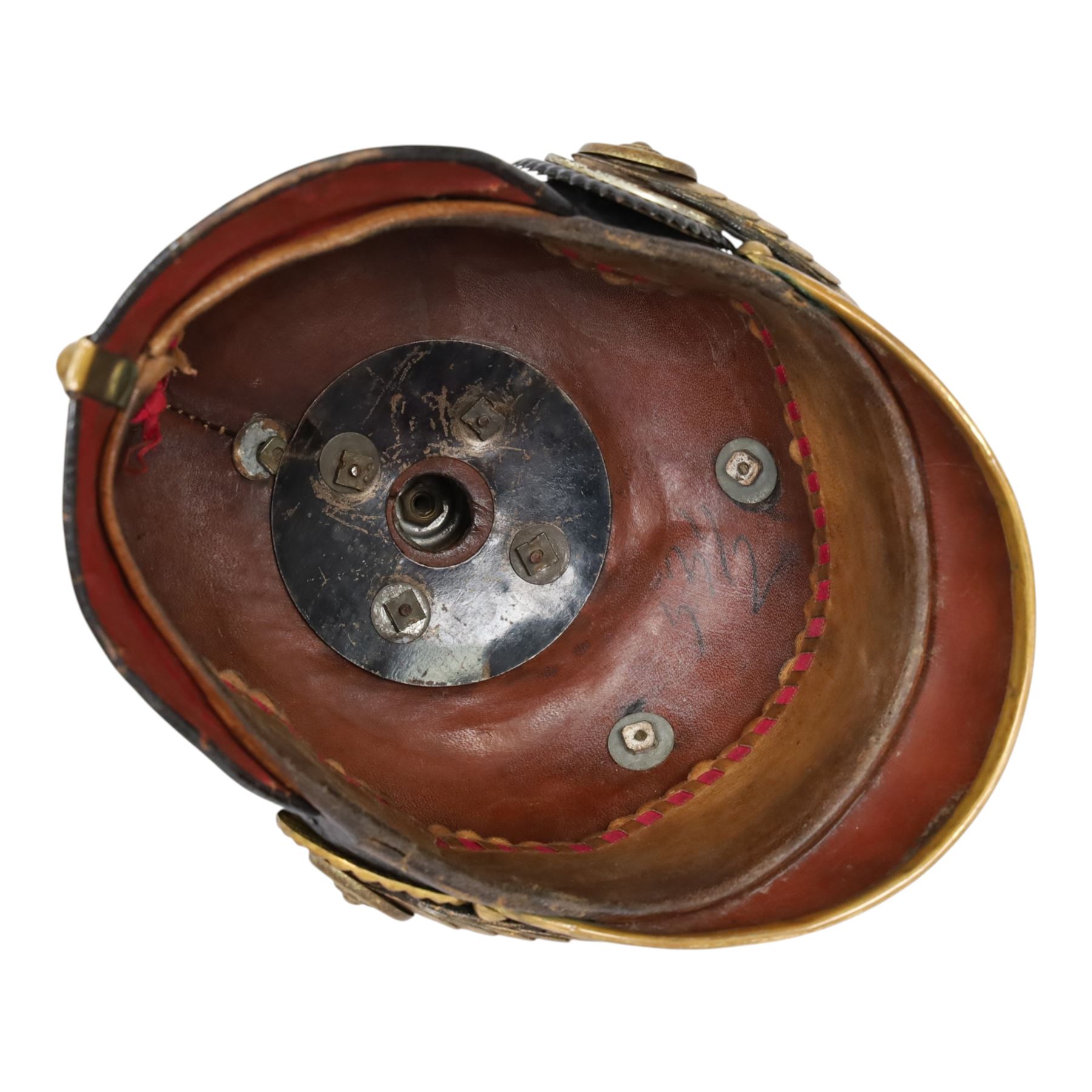WWI Prussian Pickelhaube, Baden Infantry Regiment, the black leather skull with detachable brass spike, the circular base plate set with four star retaining studs, brass eagle helmet plate, both sides with red and black cockades