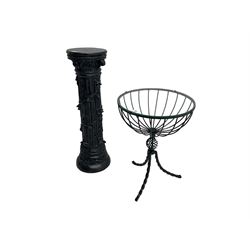 Composite Classical design pedestal, circular fluted form decorated with trailing foliage branches (H86cm); and a wrought metal tripod table with glass top (D45cm, H62cm)