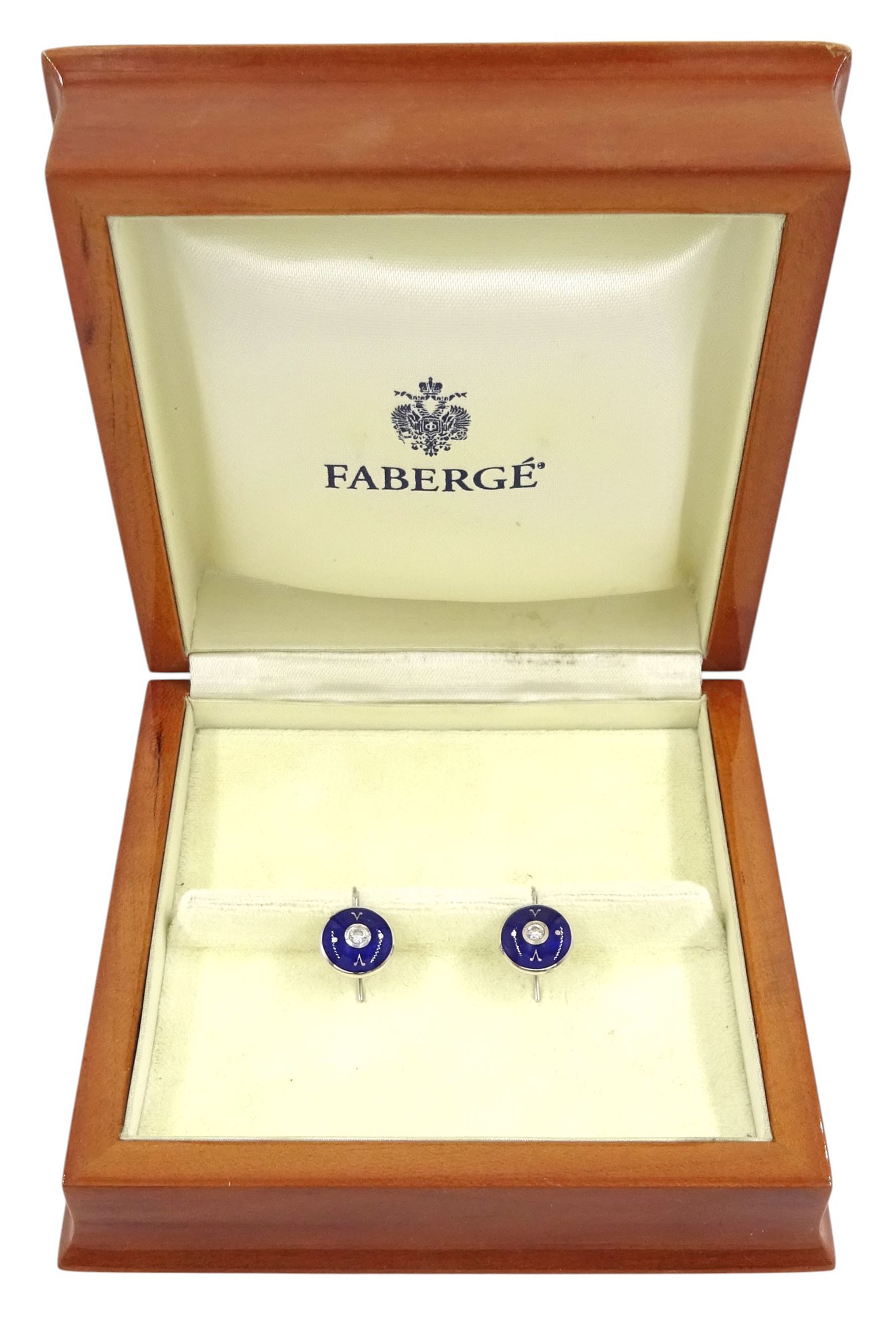 Victor Mayer for Faberge pair of 18ct white gold round brilliant cut diamond and blue enamel circular earrings,  limited edition No. 142/200, boxed