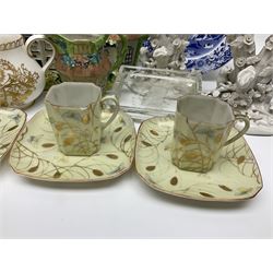 Royal Crown Derby Brocade pattern jug and sugar bowl, together with a similar gilt floral pattern bowl, three graduating Staffordshire style pearlware cottage jugs, Leeds Pottery model cottage and other ceramics and glassware, etc