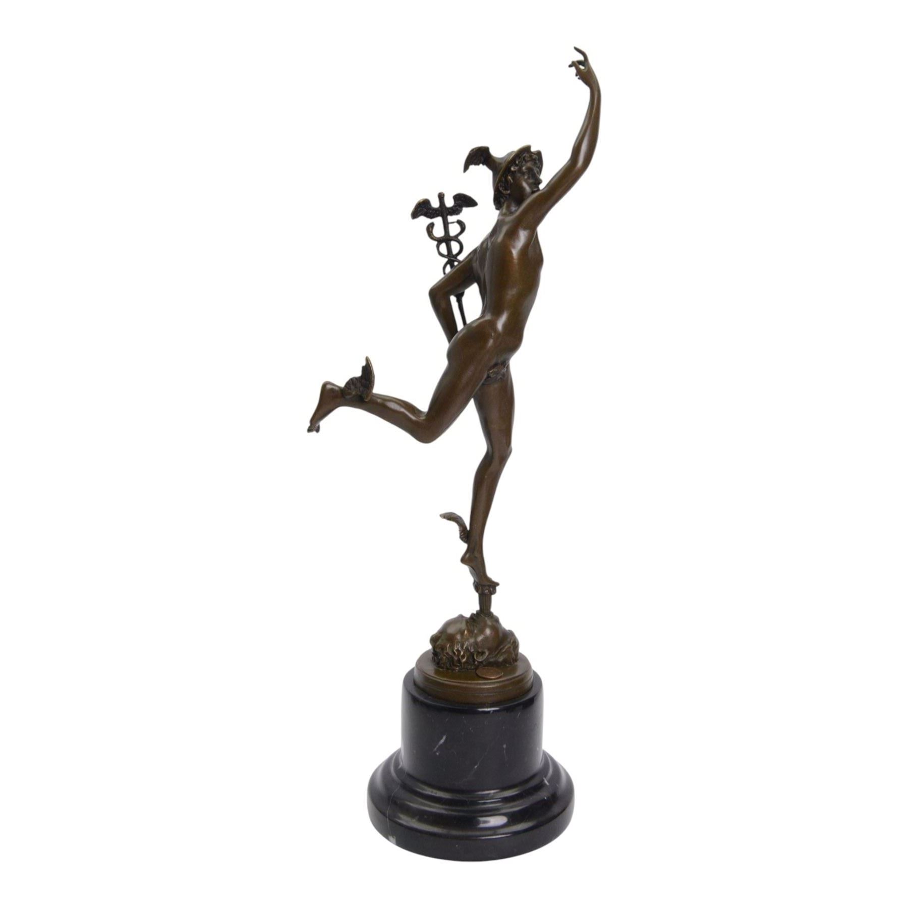 After Giambologna (Flemish 1529-1608): Bronze figure of Mercury holding a caduceus, on black marble base H43cm