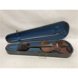 Full size violin and bow in a wooden constructed fitted case, back length 35cm, full length 60cm