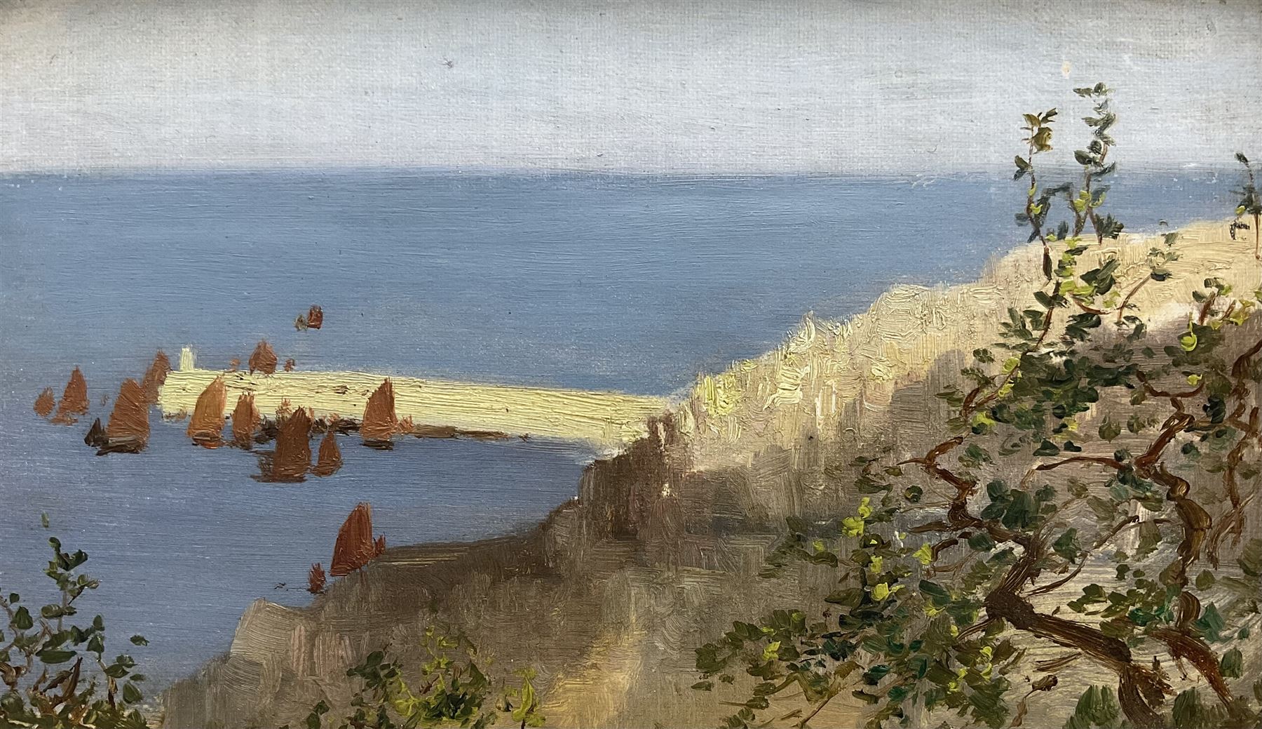 William Matthew Hale (British 1837-1929): Fishing Fleet off the Pier Head, oil on canvas laid on to panel, signed verso 14cm x 24cm 
Provenance: with the David Cross Gallery, Bristol, label verso