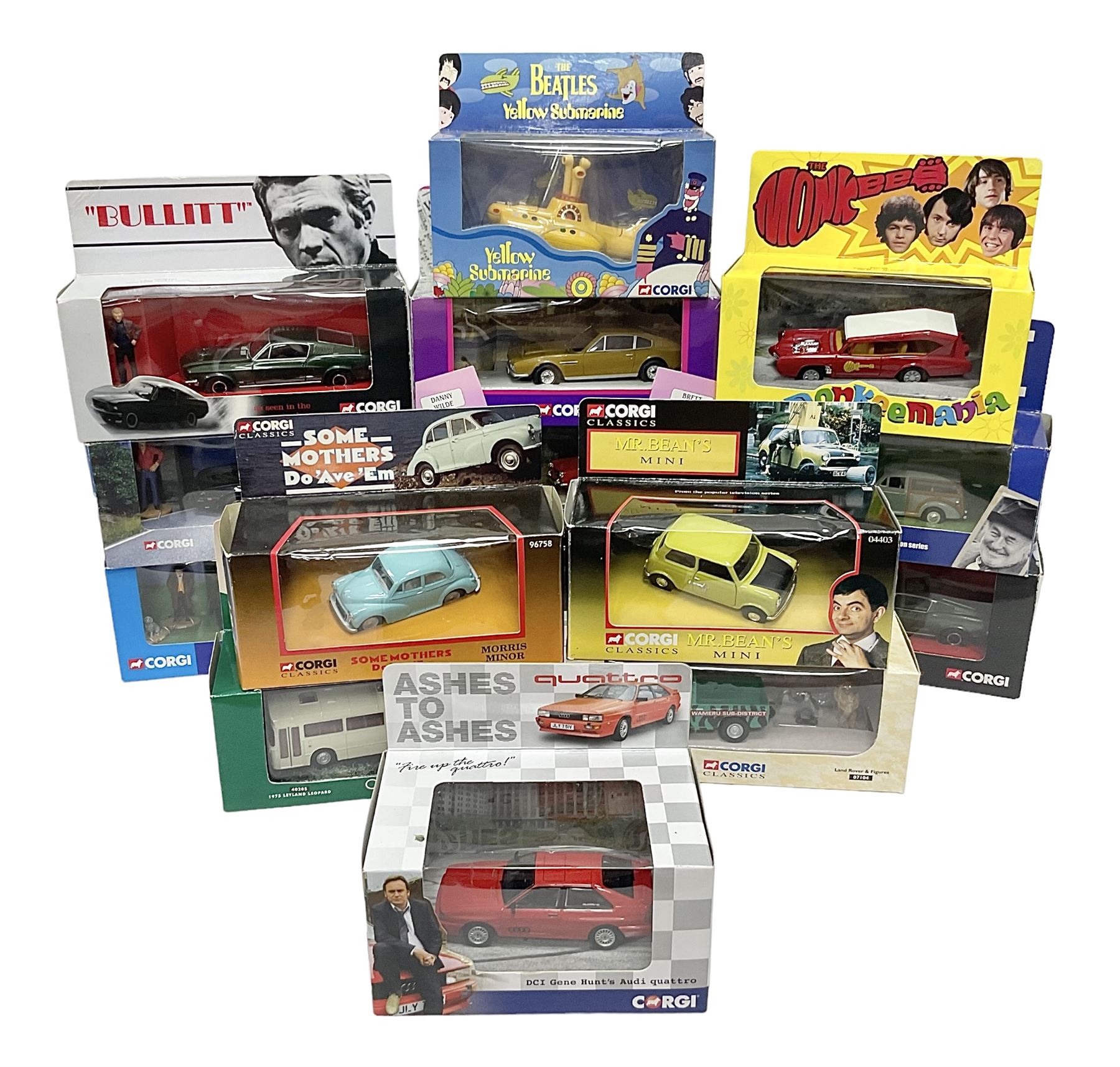 Corgi - sixteen TV/Film related die-cast models including Fawlty Towers, Bullitt, Beatles, Buster, Mr. Bean, Some Mothers,  Monkees, Ballykissangel, Heartbeat, The Avengers, Smokey & The Bandit etc; all boxed (16)