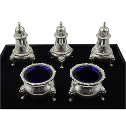 Silver five piece condiment set, lion mask and paw feet by Fowler & Polglaze Ltd, London 1937, weighable silver approx 17oz