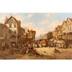 John Holland Snr. (British c1830-1886): 'Watergate - Chester', oil on canvas signed, titled on plaque 43cm x 67cm 
Notes: Likely painted c1870-1872, indicated by a sandwich-board man advertising a 'Panorama of the war between France and Prussia' - a popular form of traveling entertainment in Victorian Britain.