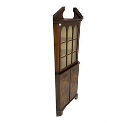 Georgian design inlaid mahogany corner cabinet, broken dentil pediment over single glazed door enclosing two shelves, base fitted with two doors with faux drawer facias