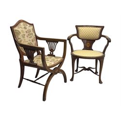 Edwardian inlaid mahogany X-frame armchair, upholstered seat and shield-back, curved front supports united by turned H-stretcher (W57cm, D58cm, H94cm); similar inlaid mahogany armchair, raised on cabriole supports united by cross-stretcher (W62cm, D60cm, H82cm) 