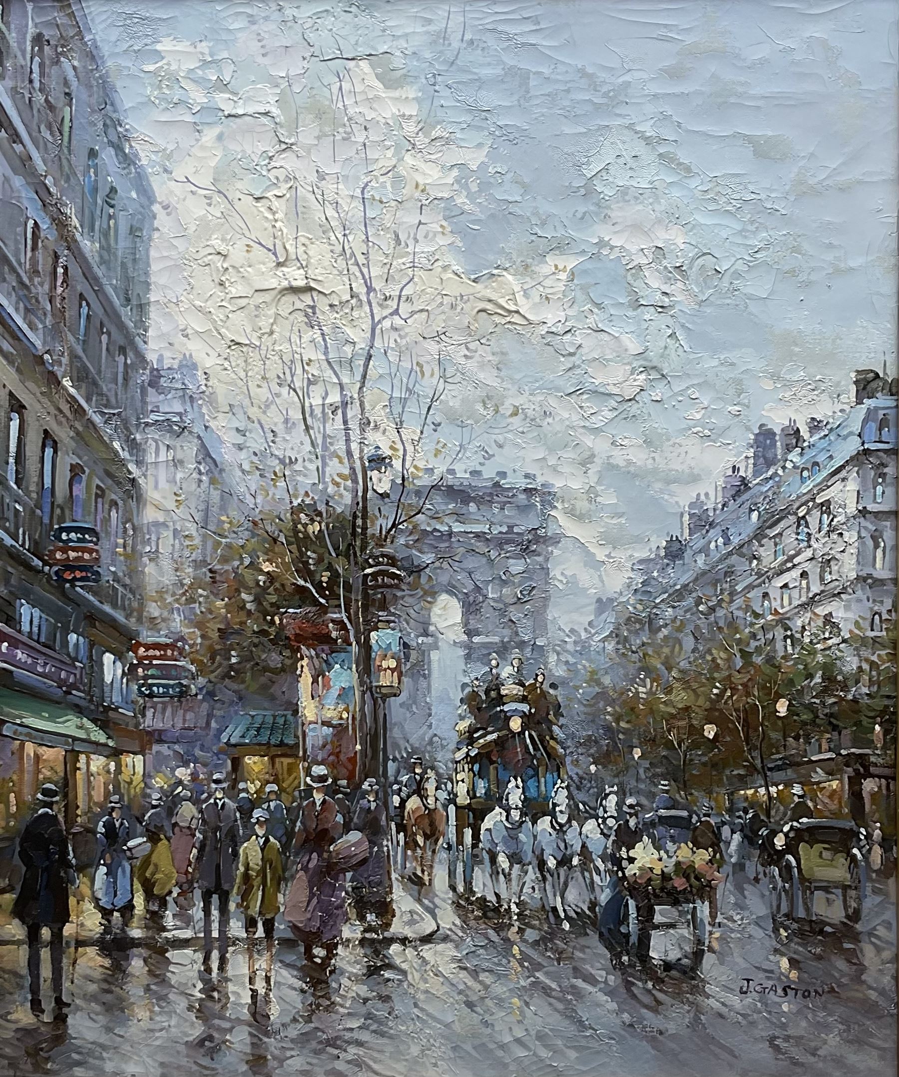 Johnny Gaston (British 1955-): Parisian Street Scene with Horse and Cart, oil on canvas signed 60cm x 50cm