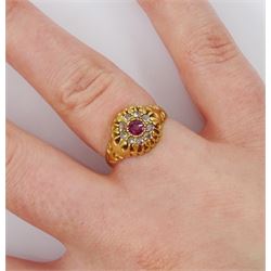 Edwardian 18ct gold ruby and diamond chip cluster ring, Chester 1908