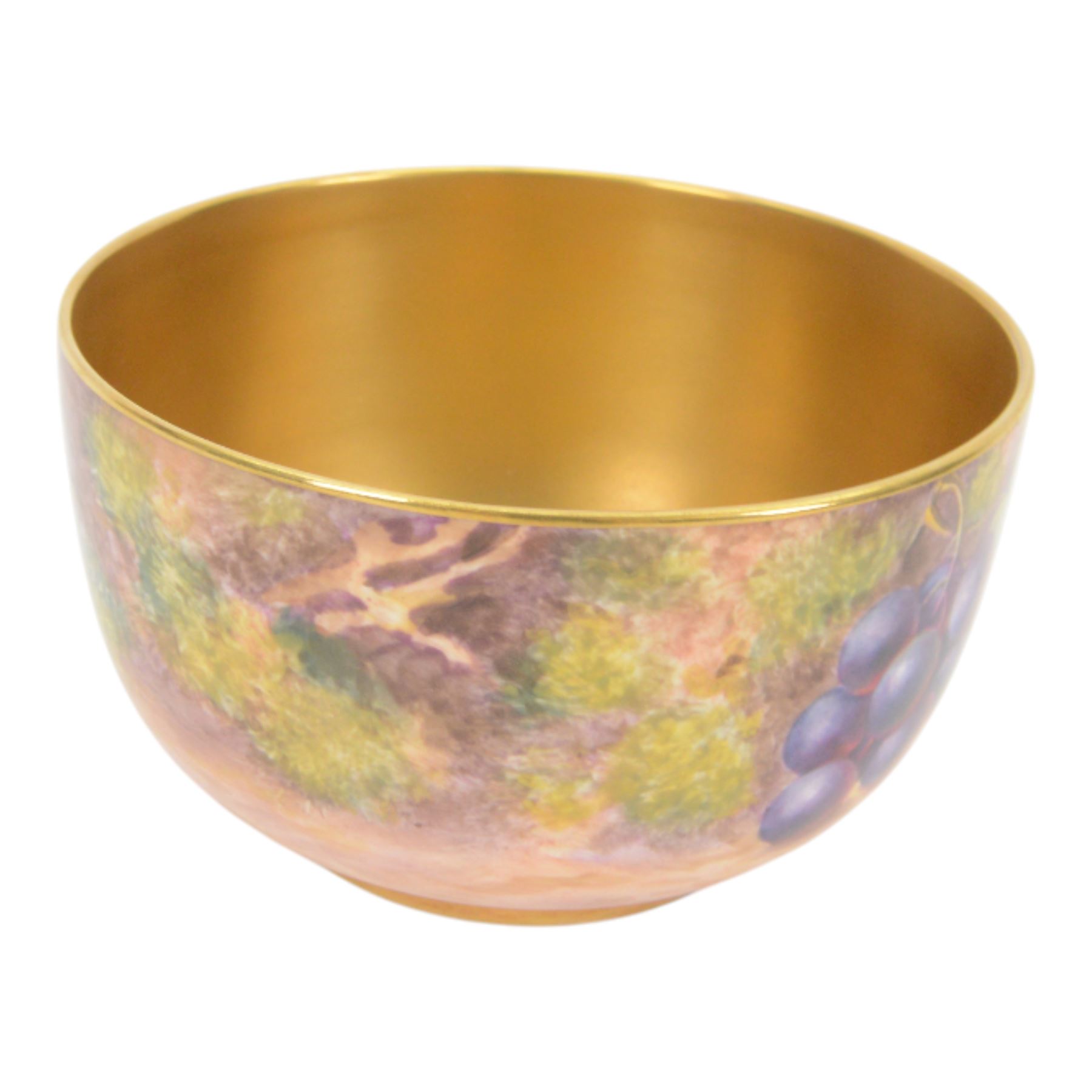 20th century Royal Worcester footed bowl, hand painted with gilt interior, the exterior a still life of fruit upon a mossy ground, signed Freeman, with black printed mark beneath, together with plate side plate and cabinet plate, bowl, H8cm, D13cm