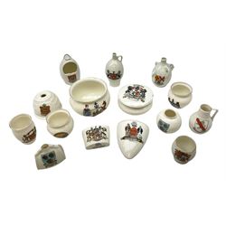 W H Goss crested china to include Guernsey lobster trap, Newcastle-on-Tyne wine flagon, Felixstowe water bottle, Dorchester salt pot etc