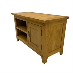 Solid light oak television stand, fitted with shelf and cupboard